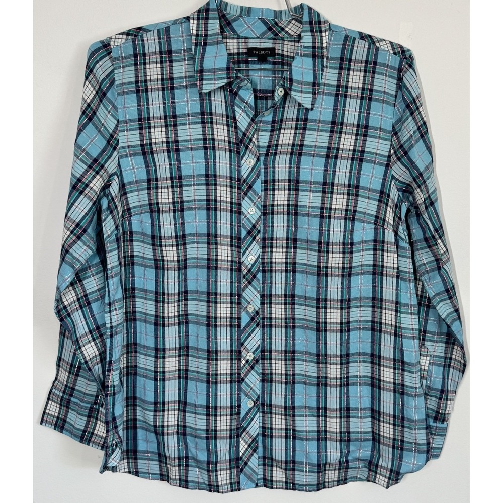 Talbots Long Sleeve Button Up Shirt Blouse Top Teal Plaid Metallic Threads‎ Sz L